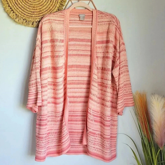 Chico's, Pink Embroidered Striped Jacquard Silky Cardigan Sweater Size Large - Picture 2 of 10
